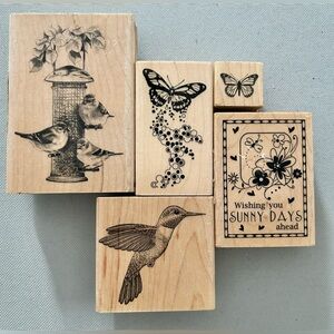 Vintage Wood Block Rubber Stamps Birds Butterfly Sunny Days Lot of 5 New